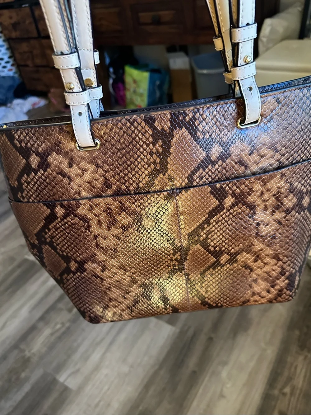 Michael Kors Brown Snake Print Tote with Cream Straps